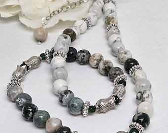 Tree Agate Beaded Necklace, Statement Gemstone Jewelry