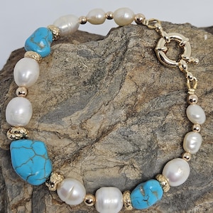 Freshwater Pearl/Turquoise Bracelet,  Natural White Pearl Bracelet,  Handmade Beaded Bracelet,  Pearl Jewelry,  Gold Gemstone Bracelet