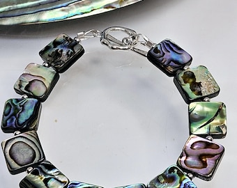 Abalone Shell Beaded Bracelet: Iridescent Paua Gemstone, Sterling Silver