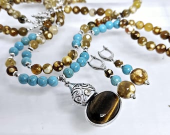 Turquoise & Agate Statement Necklace, Gemstone Beaded Jewelry