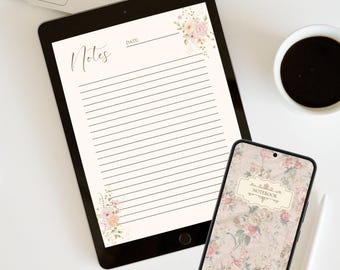 Digital anteckningsbok med vintagemotiv och blommotiv, elegant studentjournal (digital nedladdning)