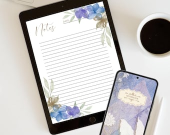 Digital anteckningsbok med vintagemotiv och blommigt motiv, elegant skrivdagbok (digital nedladdning)