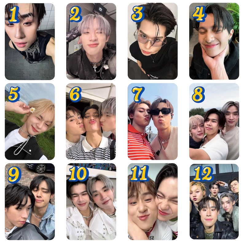 K&ouml;nnte beinhalten: Eine Sammlung von zw&ouml;lf Fotokarten mit verschiedenen jungen M&auml;nnern. Jede Karte zeigt ein anderes Portr&auml;t oder Gruppenfoto mit unterschiedlichen Gesichtsausdr&uuml;cken und Posen. Die Karten haben einen wei&szlig;en Rand und eine gelbe Nummer in der oberen linken Ecke.