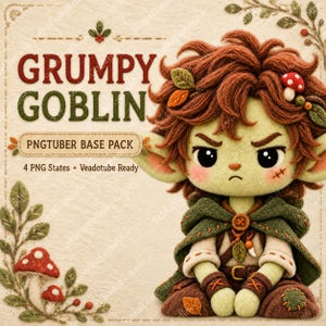 May include: A digital illustration of a grumpy goblin character with messy brown hair, green skin, and large ears, wearing a dark green hooded cloak. The text reads GRUMPY GOBLIN PNGTUBER BASE PACK 4 PNG States Veadotube Ready with mushroom accents.