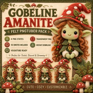Peut inclure: Un ensemble graphique numérique intitulé GOBELINE AMANITE FELT PNGTUBER PACK représentant un personnage elfe en feutrine avec de longs cheveux ondulés et un chapeau champignon rouge. L'image inclut quatre états, dix émoticônes et du texte.