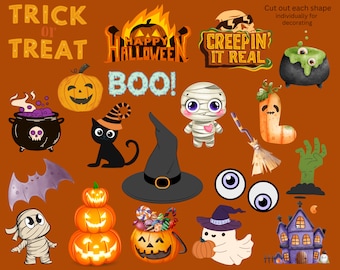 50+ Halloween Print & Cut Out Decorations For School Office  Home Classroom R.I.P. Witch Pumpkin Monsters Black Cat Ghost Bats Clown Boo
