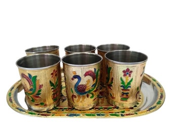 Handicraft Oxidized Peacock Design 6 Glass Serving Tray Set-Gold
