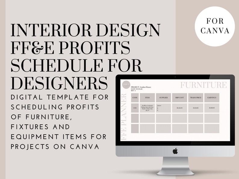 Interior Design FF&E Specification Profit Schedule, Planner Digital