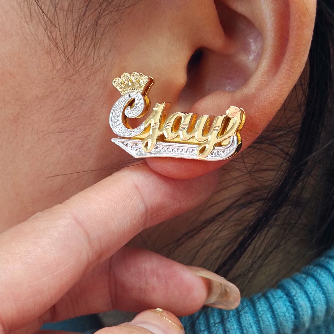 Double Nameplate Earring With Crown,custom Name Earring,personalized