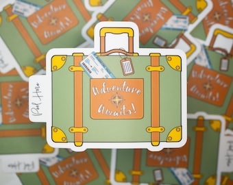 Adventure Awaits Vintage Suitcase | Inspirational Travel Lover Quote | Die Cut Vinyl Sticker | Green & Gold