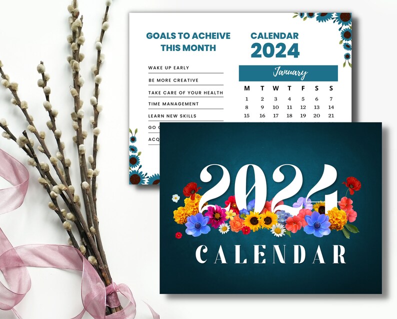 PRINTABLE 2024 CALENDAR With Goals, Minimalist Calendar,simple Calendar