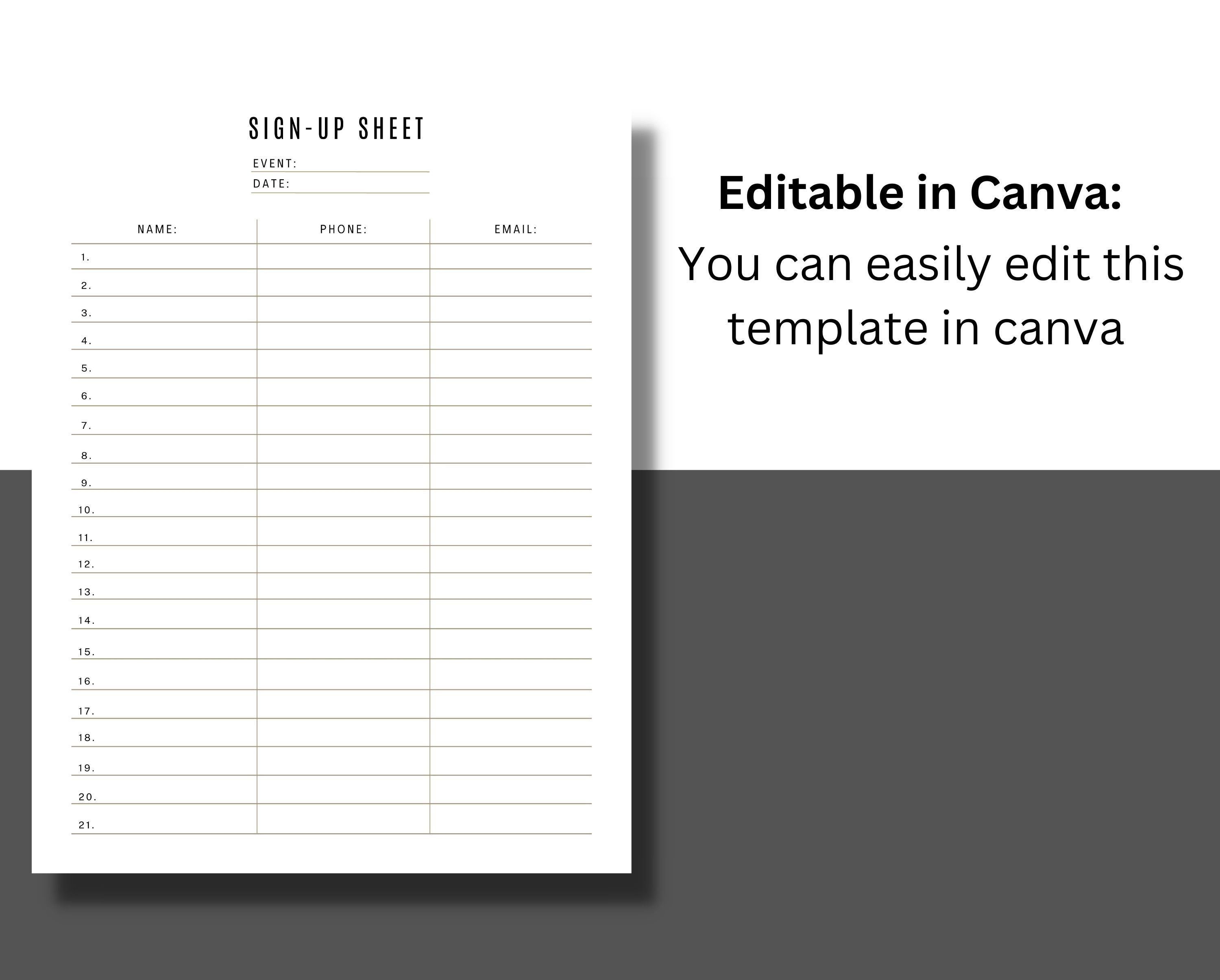 Editable Sign up Sheet, Event Sign Up, Club Sign Up, Sign up Template