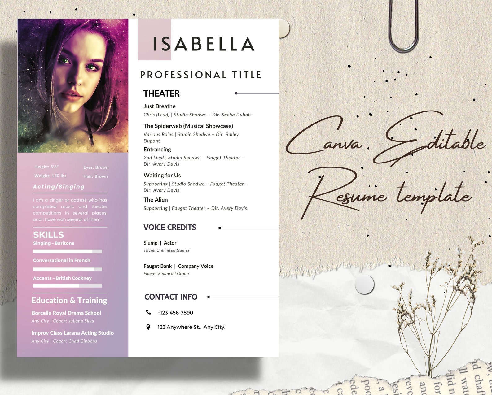 Actress & Actor Resume Template With Photo for Word, Acting Resume