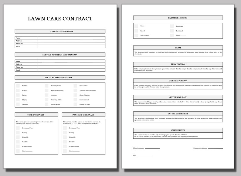 Lawn Care Agreement, Service Contract, Landscaping Contract, Garden Care Agreement, Agreement