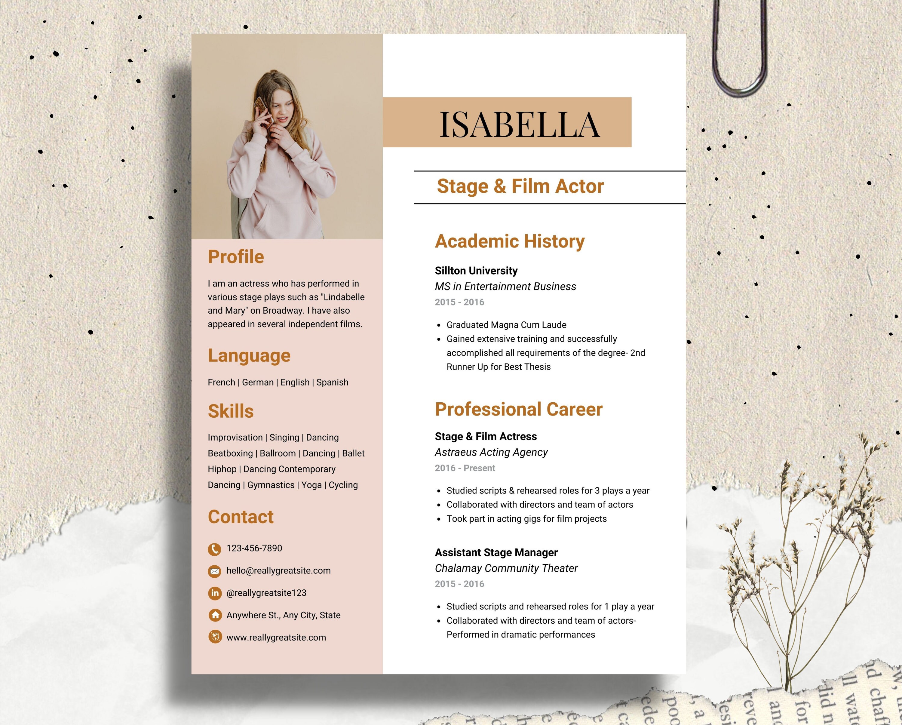 Actress & Actor Resume Template With Photo for Word, Acting Resume