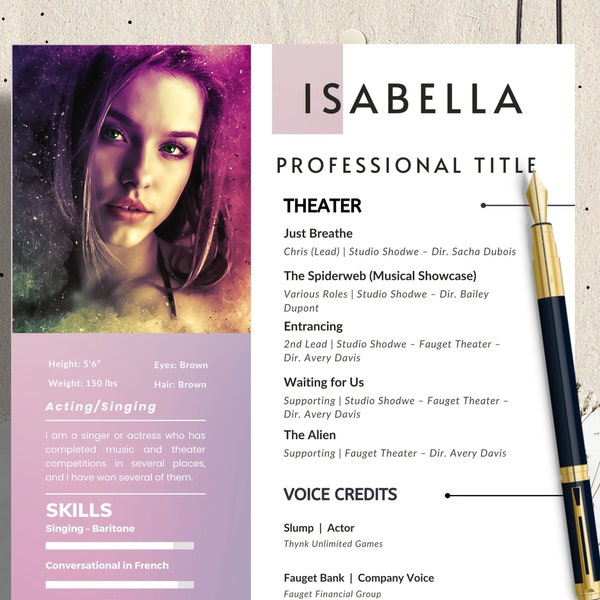 Actress & actor resume template with photo for Word, acting resume, beginner actor resume, theatre, entertainer resume, background actor cv