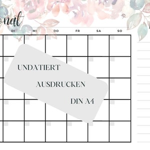 Printable Calendar | Monthly calendar, monthly overview | Landscape format DIN A4 (29.7 x 21 cm) | undated, print out, reusable | Flower