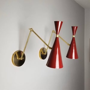 Pair of Modern Shiny Red Enamel Monolith Reading Lamps Adjustable Wall Sconces Shiny Red