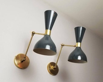 1950&#39;s Mid Century Brass Italian Diabolo Wall Sconce Light -Fixture 2 Bulb Pair