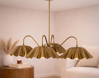 Mid Century Modern Brass Chandelier, Scalloped 4 Light Ceiling Fixture, Vintage Brass Pendant Light for Dining Room, Kitchen Island,Handmade