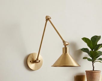 Modern Brass Swing Arm Wall Lamp, Adjustable Wall Sconce Handmade Lighting