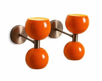 Handmade Orange Glass Double Globe Sconces, Mid Century Modern Brass Lighting