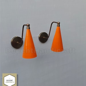 Orange Cone Shape Brass Wall Sconce - Mid Century 1950s Italian Diabolo Wall Sconce Light - Lamp Fixtures for Home Decor