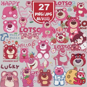 27 Erdbeerbär PNG AI Bundle, Hochwertige Lotso, Lotso, Lotso, Lotso&#39;-Kumpelbär, Toy Story 3 Einzigartige Grafiken für Shirts, Tassen, Mützen, Taschen