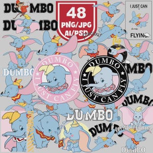 48 DUMBO The Flying Elephant PNG Bundle, High Quality I Just Can Fly Dumbo Graphics, Great for Birthday, Shirts, Mugs, Caps, Totes