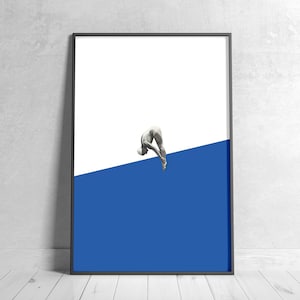 Blue White Color Block Diving Poster, Adventure Print, Swimming Lover, Scuba Diving Gift, Trendy Wall Poster, Digital Download Print