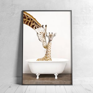 Giraffe in Bathtub Poster, Mother and Baby Animal Decor, Giraffe Wall Art, Modern Wall Decor, Home Decor, Digital Download Print