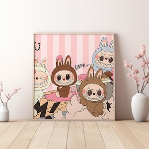 Pôster Labubu e amigos, decoração Labubu The Monster, arte de parede Labubu, decoração de parede moderna, decoração de casa, download digital de impressão