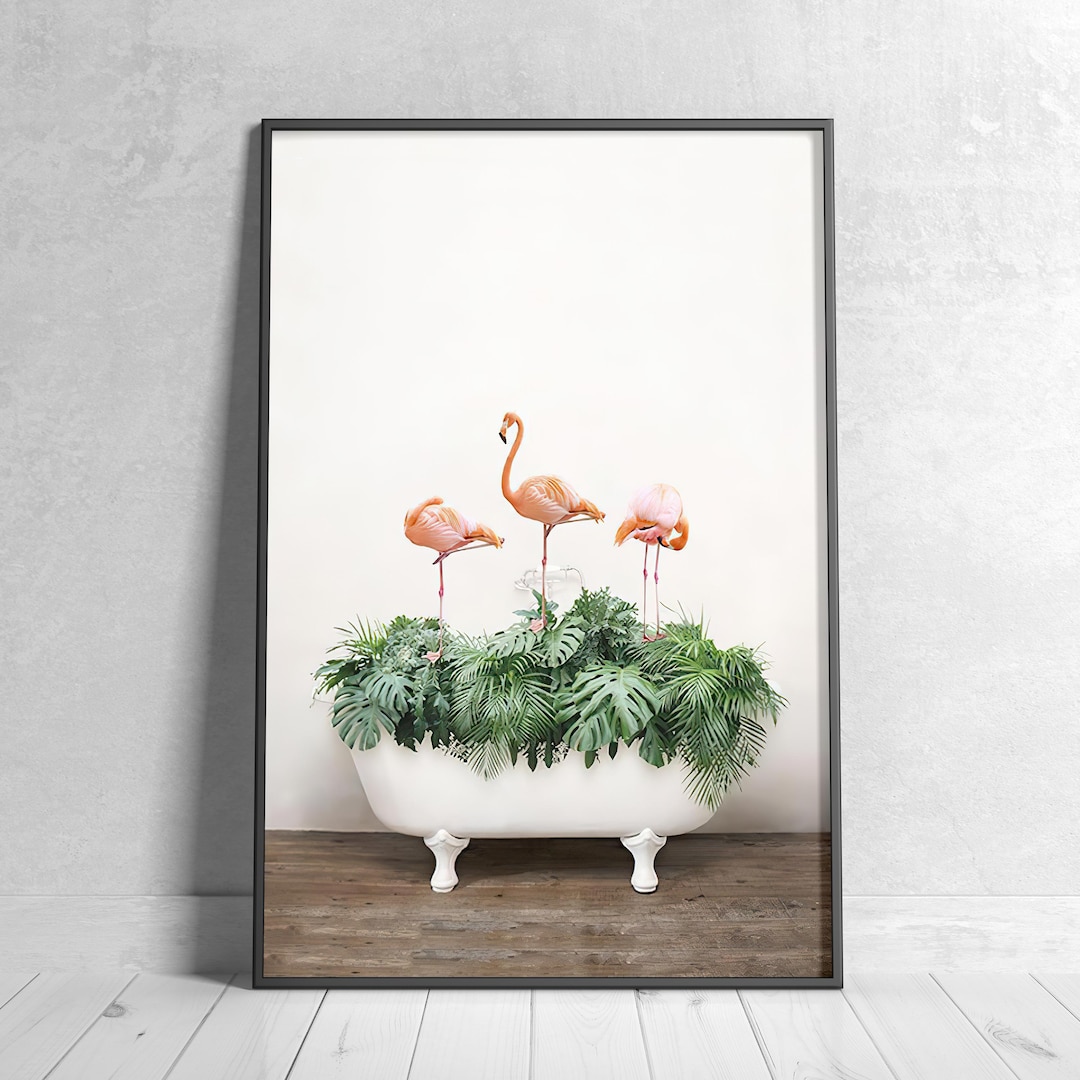 Flamingos in Bathtub Poster, Animal Decor, Flamingos Wall Art, Modern ...