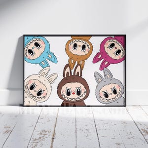 Póster de Labubu y sus amigos, decoración de Labubu el monstruo, arte mural de Labubu, impresiones para habitación infantil, arte moderno para sala de juegos, descarga digital