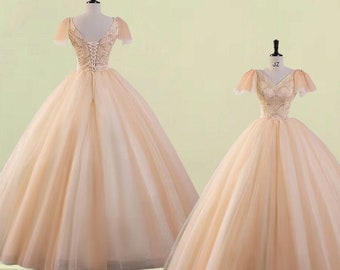 Champagne V neck a line ball gown,short sleeve formal prom dress,Beading lave evening gown,princess Graduation Gown