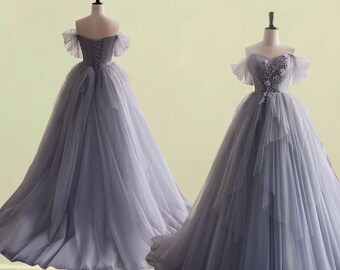 Gray tulle Floor length Ball Gown wedding dress,Beading wedding gown, 3D flower bridal dress,long evening prom dress