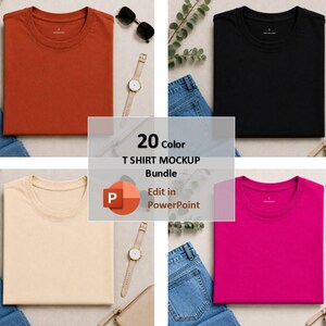 Puede incluir: Un paquete de maquetas digitales que presenta cuatro camisetas de cuello redondo de colores sólidos en óxido, negro, beige y magenta. El texto central dice 20 Color T SHIRT MOCKUP Bundle y Edit in PowerPoint, con un icono de PowerPoint.