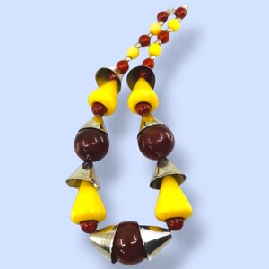 Chrome & Bakelite Necklace, Art Deco, Machine Age Style. Creamed Corn and Rust
