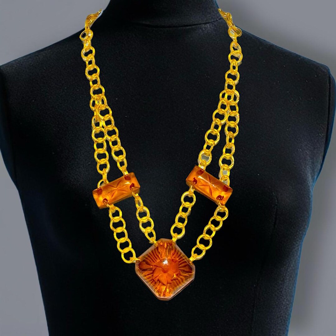 Prystal Reverse Carved Apple Juice Prystal Bakelite Necklace With Celluloid ...
