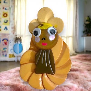 Bakelite Brooch or Pendant, Hand Painted Girl with Google Eyes