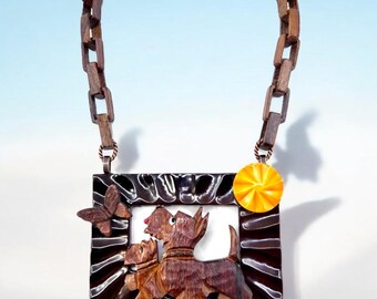 Carved Wood & Bakelite Necklace, Scottie Dog Family with Butterfly and Sun, OOAK