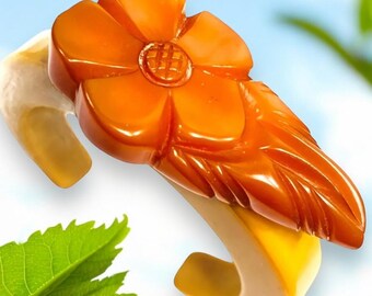 Butterscotch Bakelite Cuff Bracelet with Orange Carved Bakelite Flower