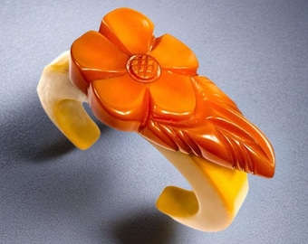 Butterscotch Bakelite Cuff Bracelet with Orange Carved Bakelite Flower
