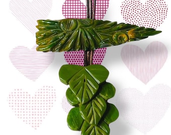 Carved  Bakelite Green Dangling Leaves Brooch