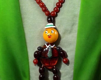 Bakelite Necklace, Articulated Man Pendant on Long Beaded Bakelite Chain, Hand Painted Jointed Figure