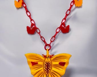 Butterflies, Carved & Painted Bakelite Necklace on Red Celluloid Chain