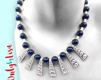 Art Deco Style Dark Blue Bakelite & Aluminum Bib Necklace