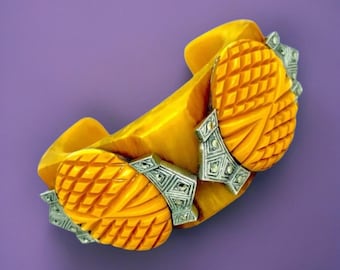 Art Deco Carved Bakelite with Marcasites & Marbled Butterscotch Bakelite Cuff Bracelet