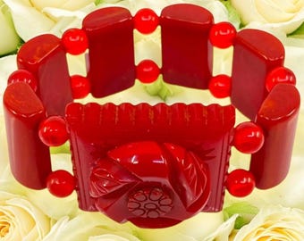 Carved Red Bakelite Flower Stretch Bracelet, Genuine Tested Bakelite