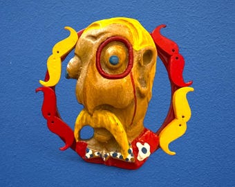 Painted and Carved Wood Brooch: Quirky Mustache Man, Statement Pin